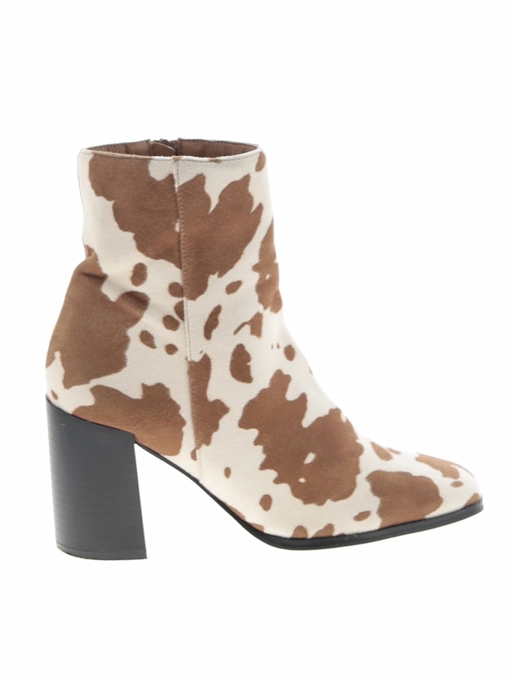 Nasty Gal Brown & White Cow-Print Block Heel Ankle Boot